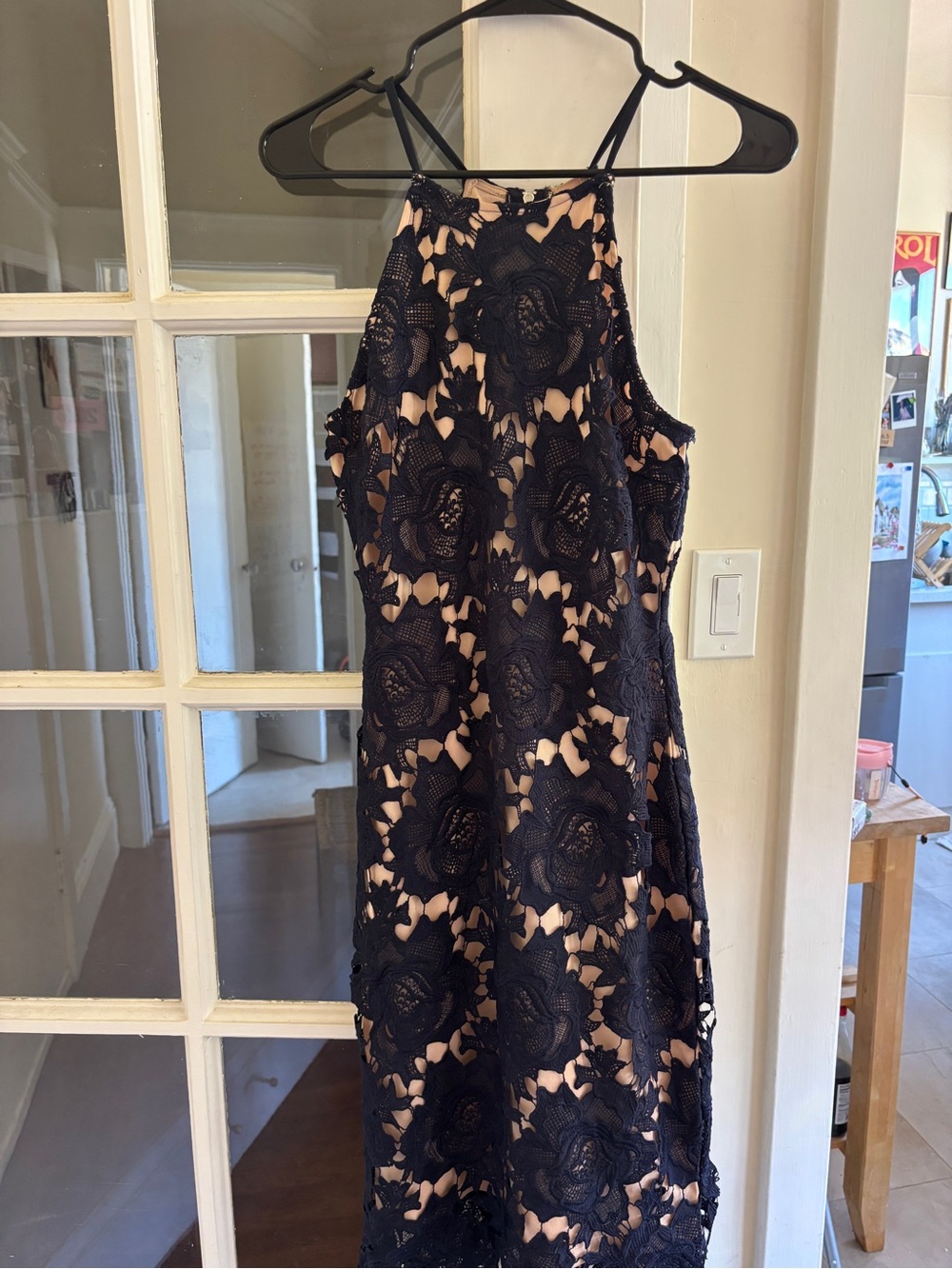 AKIRA Navy and Beige Floral Lace Overlay Halter Dress